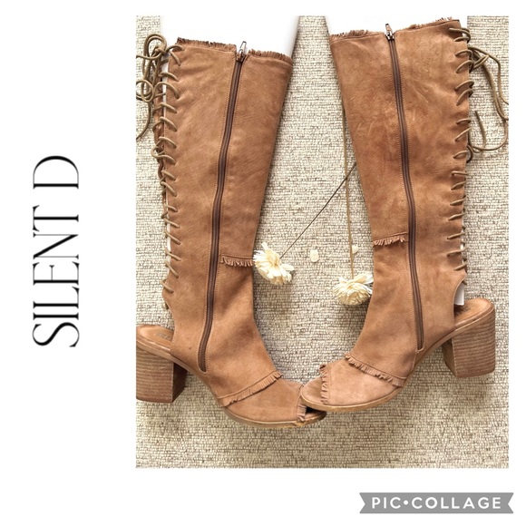 SILENT D ANTHROPOLOGIE LEATHER SUEDE FRIDGE LACE UP CHUNKY HEEL KNEE HIGH BOOTS - Picture 2 of 11